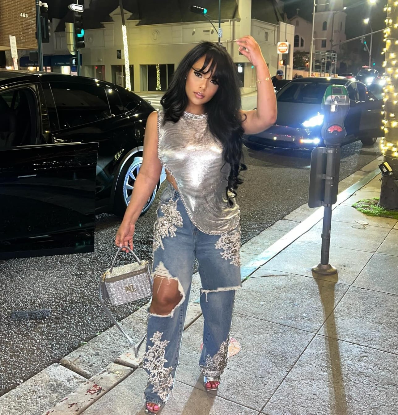 Silver Metallic Chain Top With Distressed Jeans Silver Metallic Chain Top With Distressed Jeans — Vegas Outfits