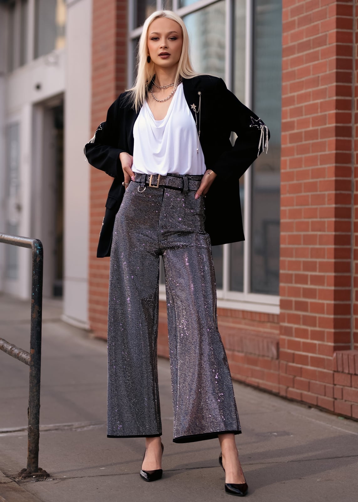 Silver Sequin Wide-Leg Pants With Blazer Silver Sequin Wide-Leg Pants With Blazer — Vegas Outfits