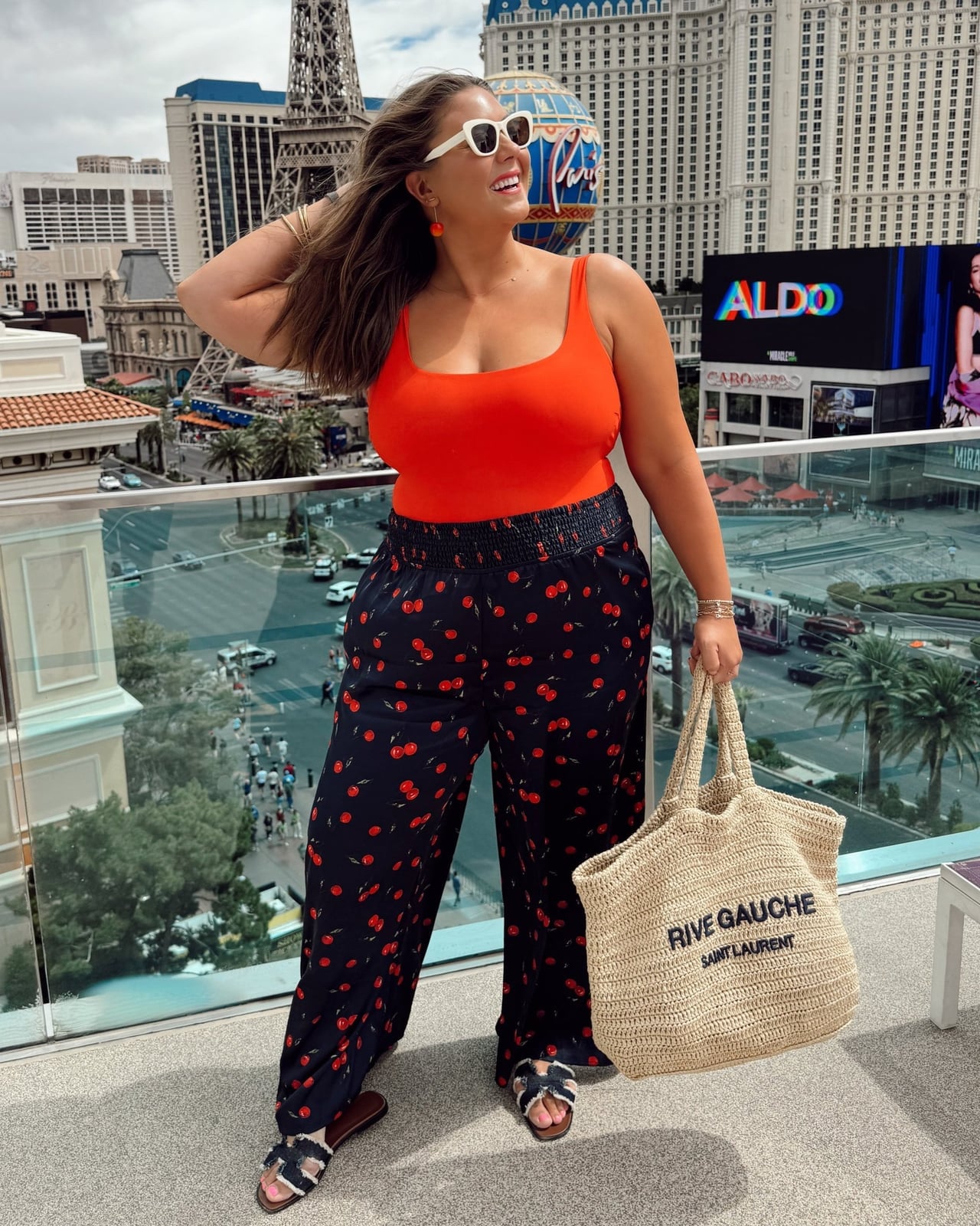 Cherry Print Pants With Orange Tank Top Cherry Print Pants With Orange Tank Top — Vegas Outfits