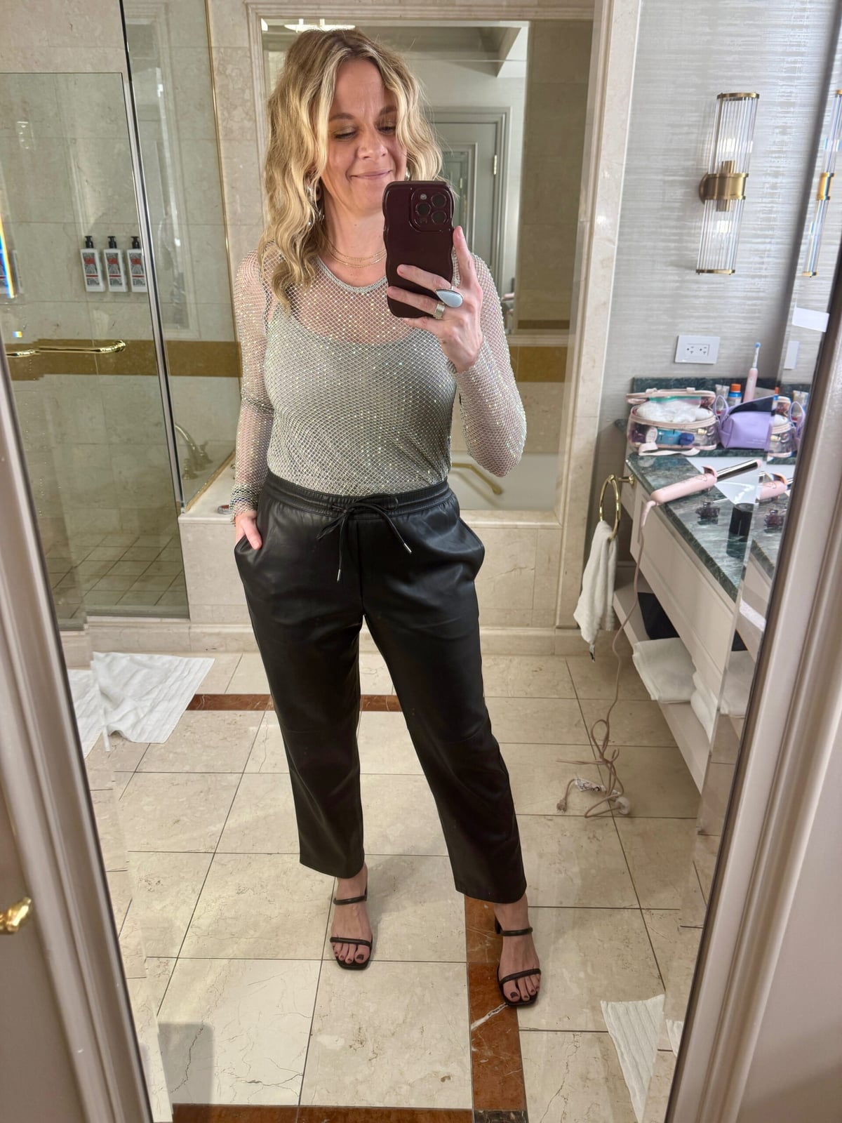 Sparkling Mesh Top With Faux Leather Pants Sparkling Mesh Top With Faux Leather Pants — Vegas Outfits