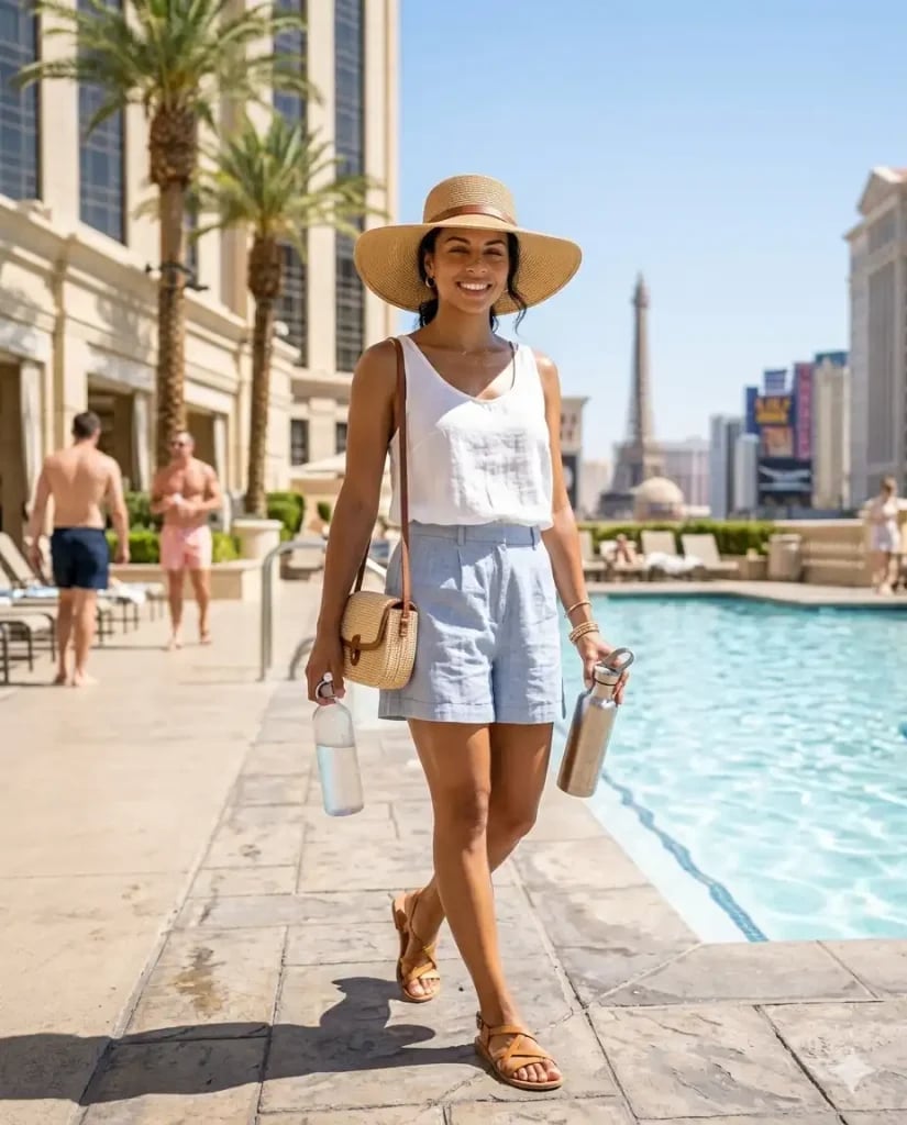 Blue Linen Shorts With Tank Top Blue Linen Shorts With Tank Top — Vegas Outfits