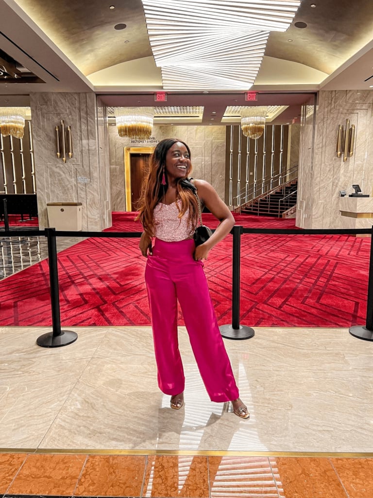Bright Pink Satin Pants With Sequin Top Bright Pink Satin Pants With Sequin Top — Vegas Outfits
