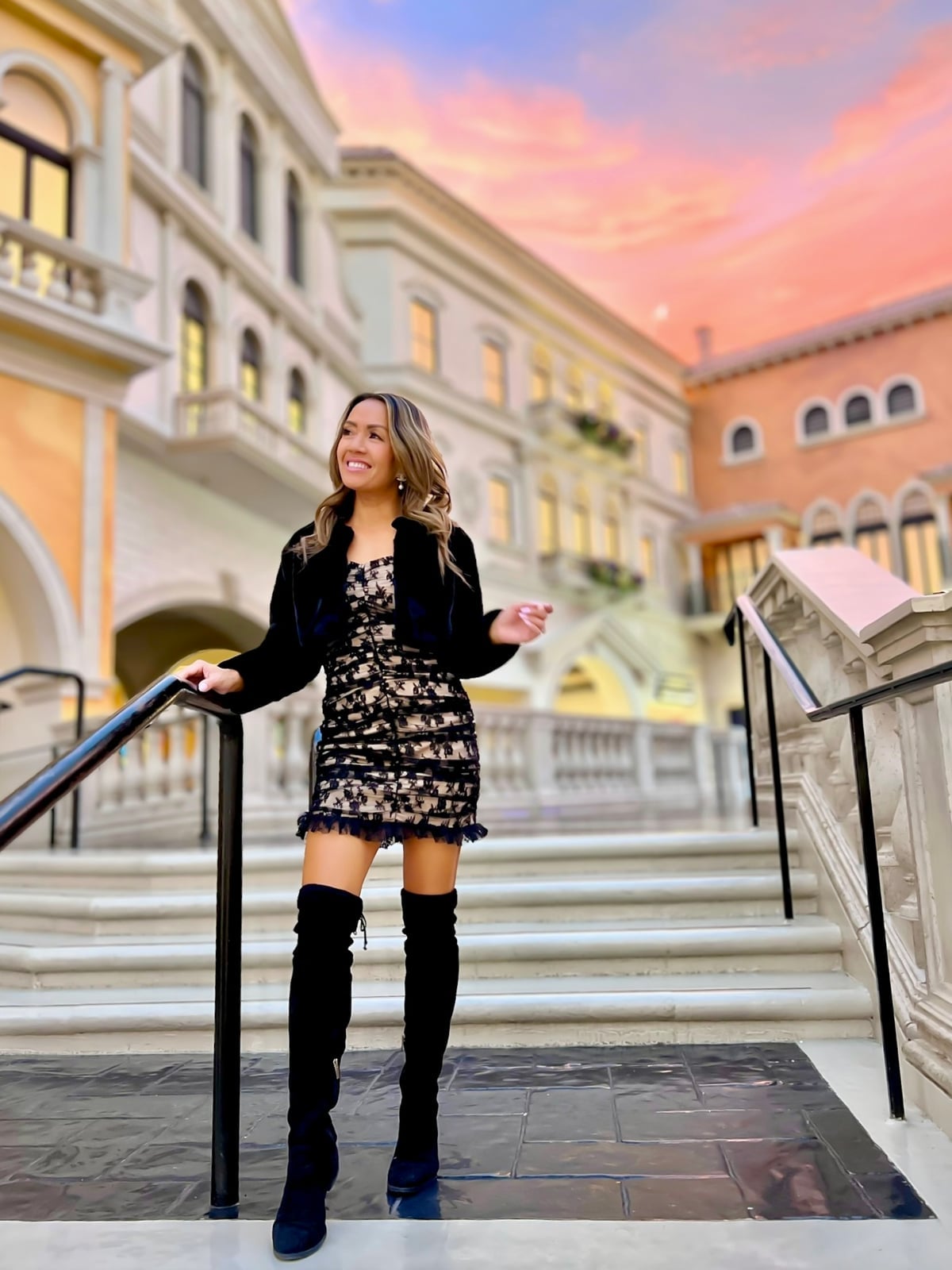 Black Lace Mini Dress With Velvet Jacket Black Lace Mini Dress With Velvet Jacket — Vegas Outfits