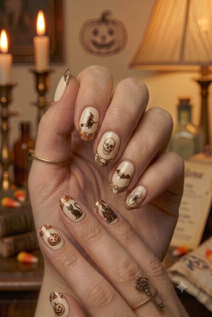 Vintage Halloween Motifs Short Oval Nails Vintage Halloween Motifs Short Oval Nails — Vintage Nails