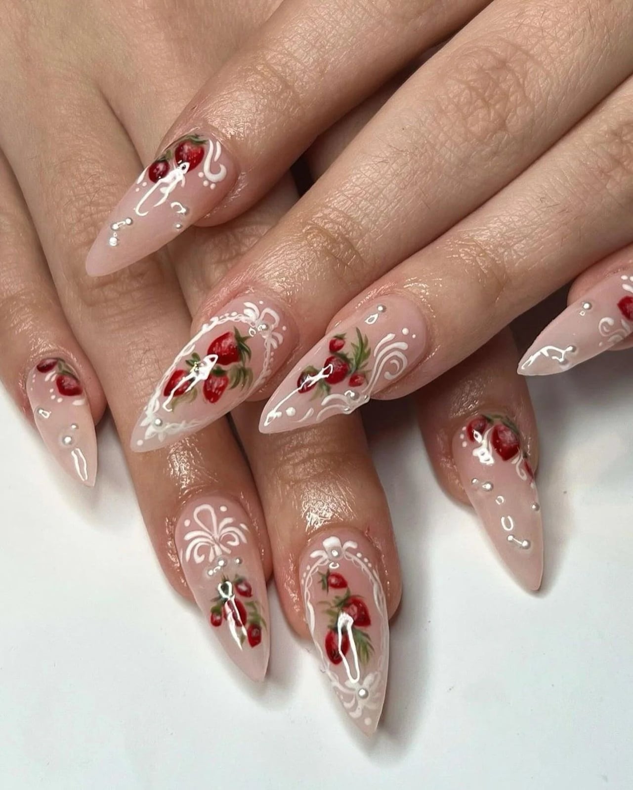 Cherry Lace Long Coffin Nails Cherry Lace Long Coffin Nails — Vintage Nails