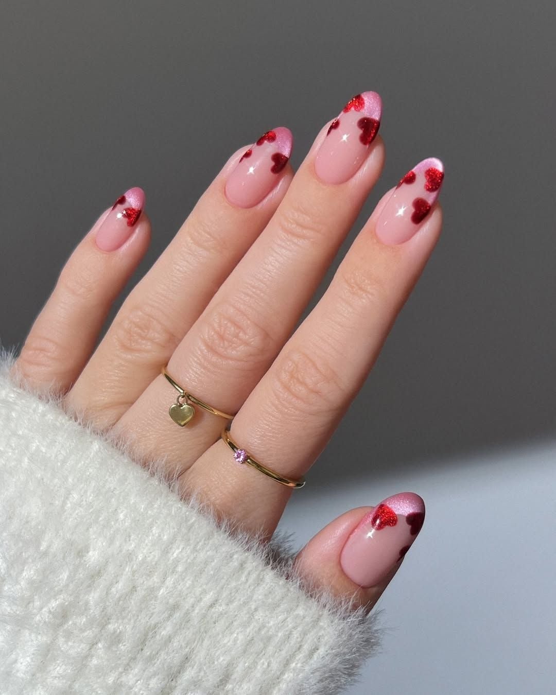 Glitter Heart French Medium Almond Nails Glitter Heart French Medium Almond Nails — Vintage Nails