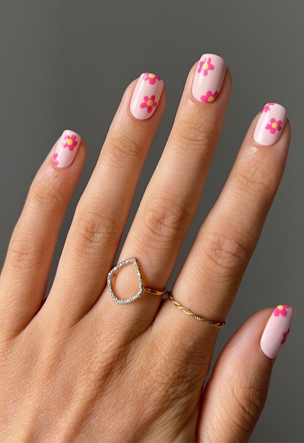 Pink Floral Soft Square Short Nails Pink Floral Soft Square Short Nails — Vintage Nails