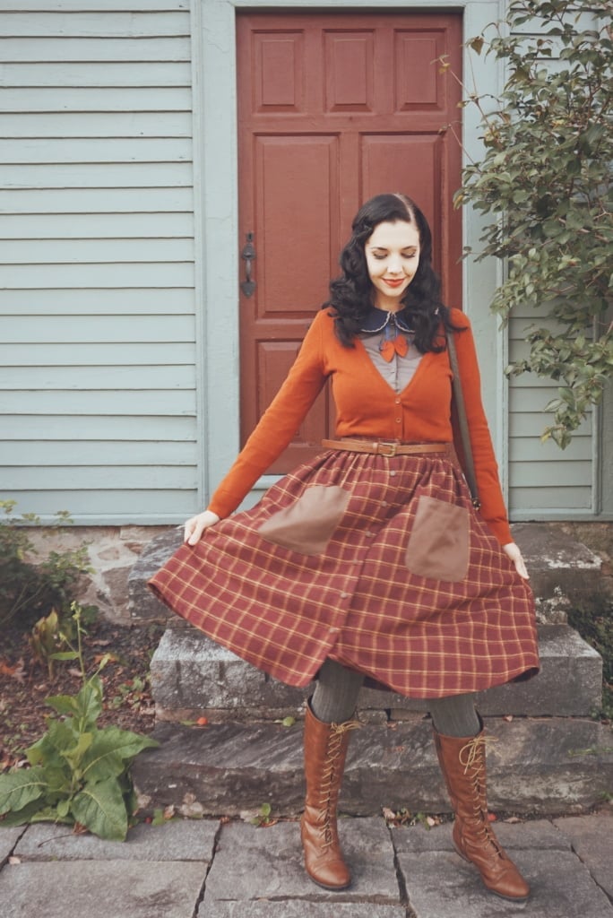 Plaid Wool Skirt with Patch Pockets and Brown Cardigan Plaid Wool Skirt with Patch Pockets and Brown Cardigan — Vintage Outfits