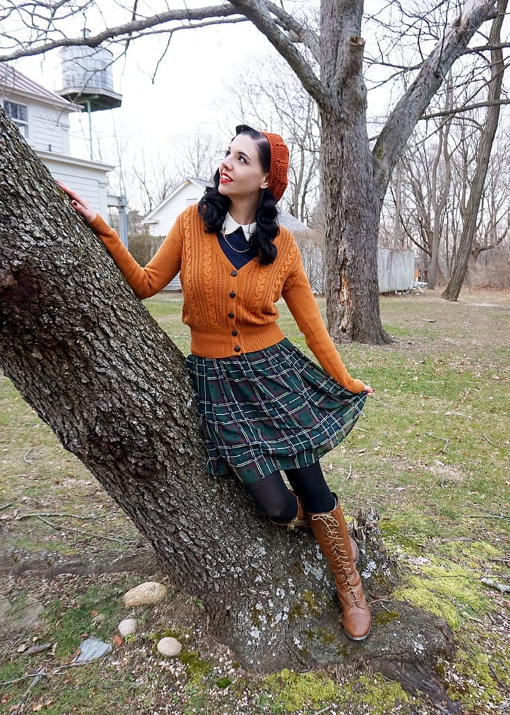 Orange Cardigan over Collared Shirt with Plaid Skirt Orange Cardigan over Collared Shirt with Plaid Skirt — Vintage Outfits