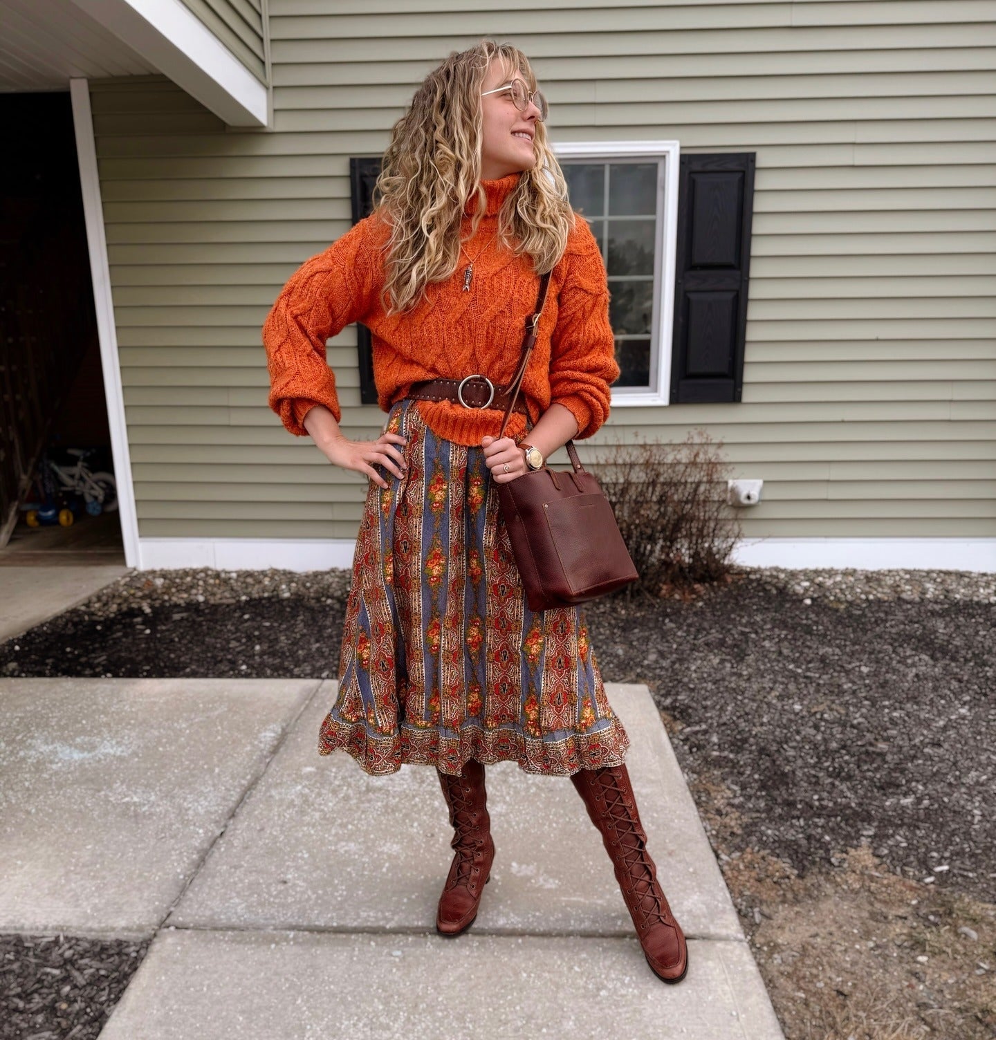 Orange Cable Knit Sweater with Patterned Midi Skirt Orange Cable Knit Sweater with Patterned Midi Skirt — Vintage Outfits