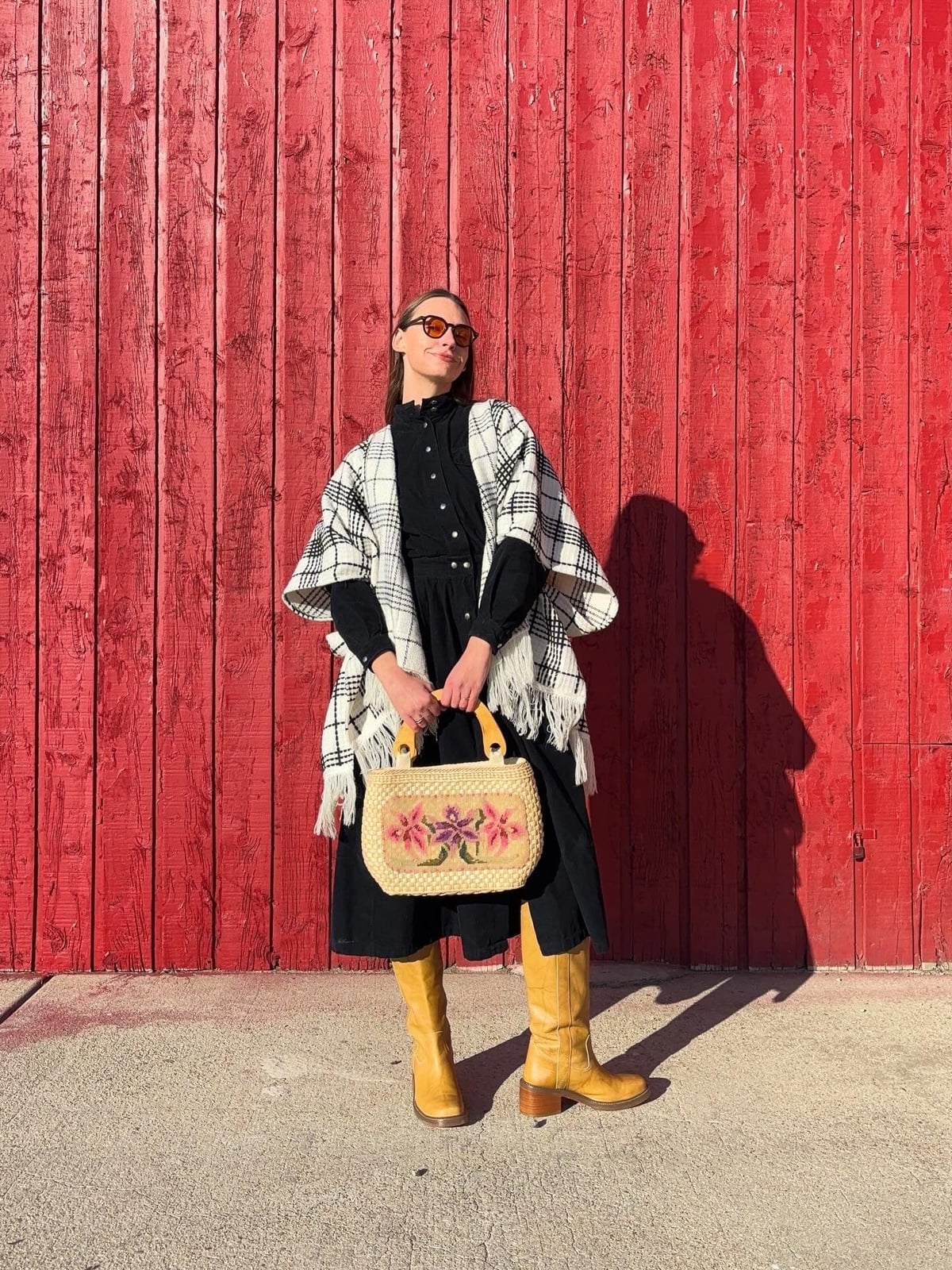Plaid Fringe Scarf with Yellow Leather Boots Plaid Fringe Scarf with Yellow Leather Boots — Vintage Outfits