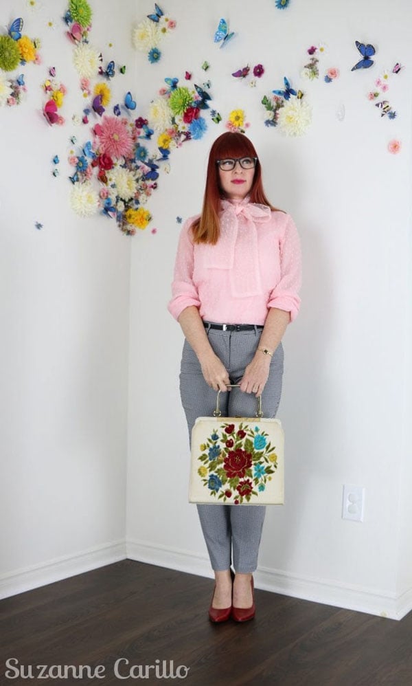Pink Bow-Neck Blouse with Checked Trousers Pink Bow-Neck Blouse with Checked Trousers — Vintage Outfits