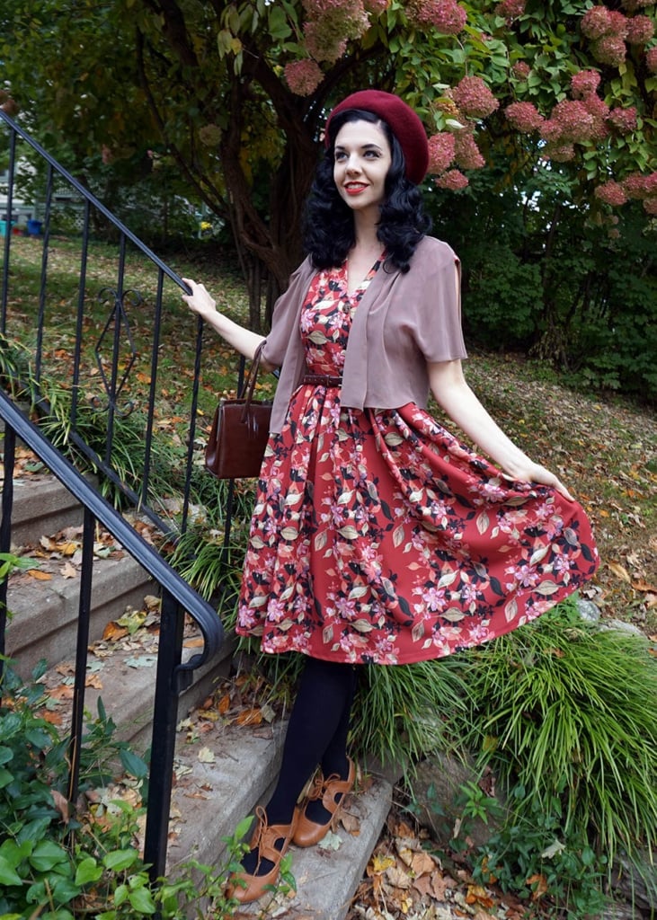 Floral Print Dress with Cropped Shrug and Beret Floral Print Dress with Cropped Shrug and Beret — Vintage Outfits