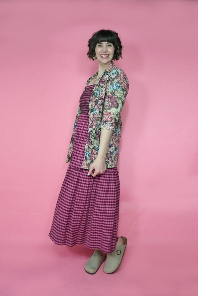 Pink Gingham Smocked Dress with Floral Print Blazer Pink Gingham Smocked Dress with Floral Print Blazer — Vintage Outfits