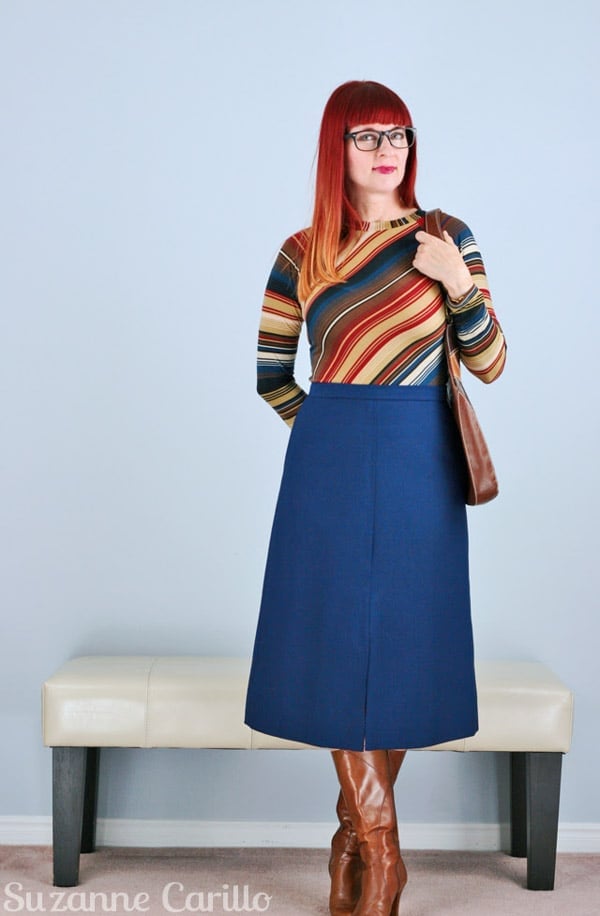 Striped Knit Top with Dark Blue A-Line Skirt Striped Knit Top with Dark Blue A-Line Skirt — Vintage Outfits