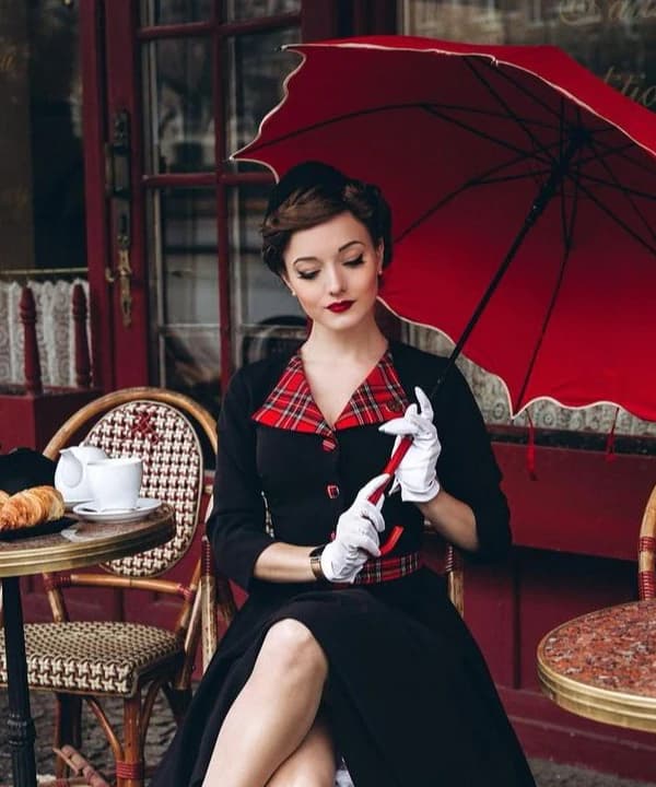 Black Fit And Flare Dress With Red Plaid Accents Black Fit And Flare Dress With Red Plaid Accents — Vintage Style