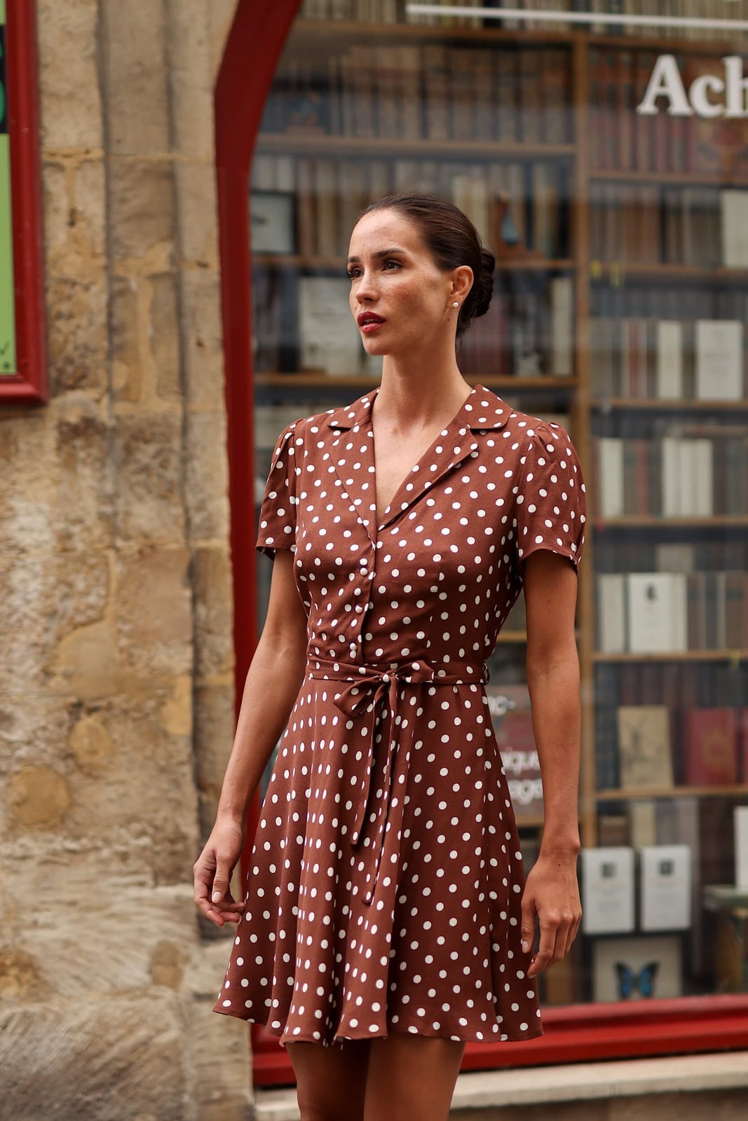 Brown Polka Dot Shirt Dress With Tie Belt Brown Polka Dot Shirt Dress With Tie Belt — Vintage Style