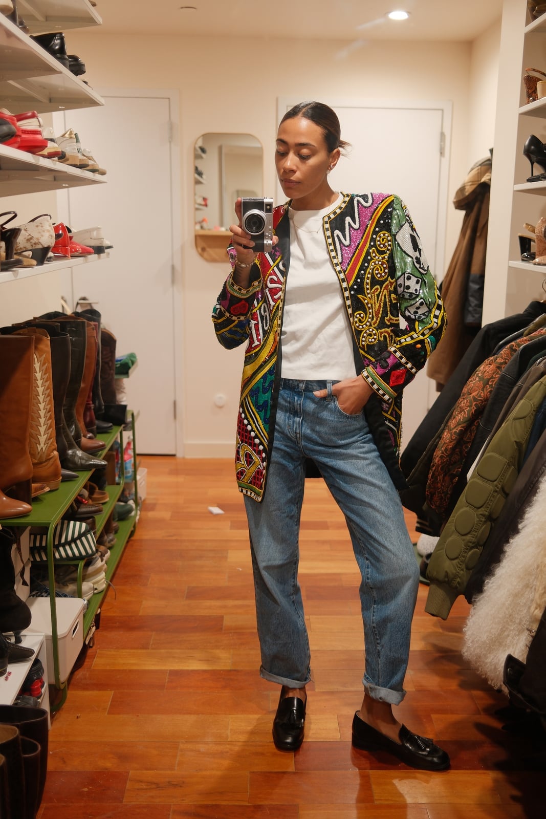White T-Shirt With Colorful Patterned Jacket White T-Shirt With Colorful Patterned Jacket — Vintage Style