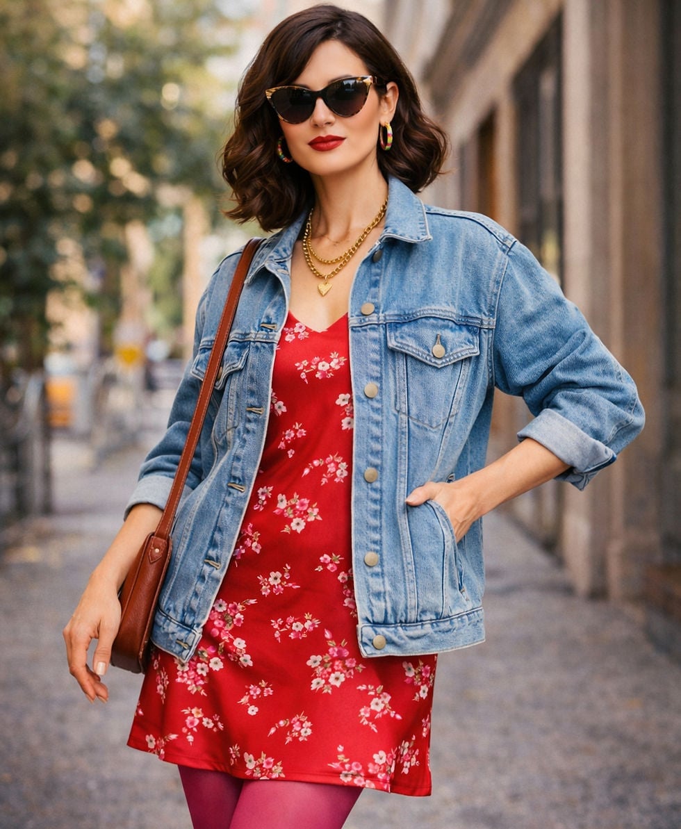 Red Floral Slip Dress With Denim Jacket Red Floral Slip Dress With Denim Jacket — Vintage Style
