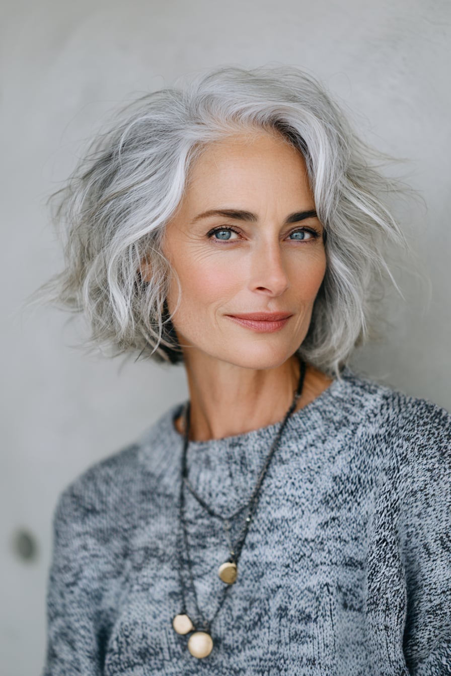 Textured Silver Gray Short Bob Textured Silver Gray Short Bob — Wavy Hair