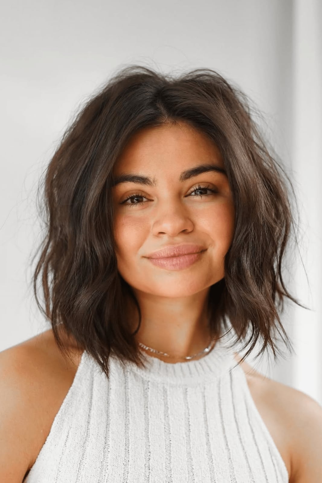 Collarbone Lob With Prominent Curtain Bangs Collarbone Lob With Prominent Curtain Bangs — Wavy Hair