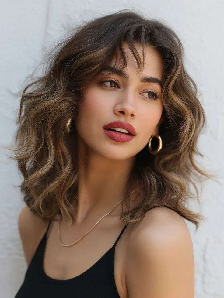 Layered Lob With Dark Brown Highlights Layered Lob With Dark Brown Highlights — Wavy Hair