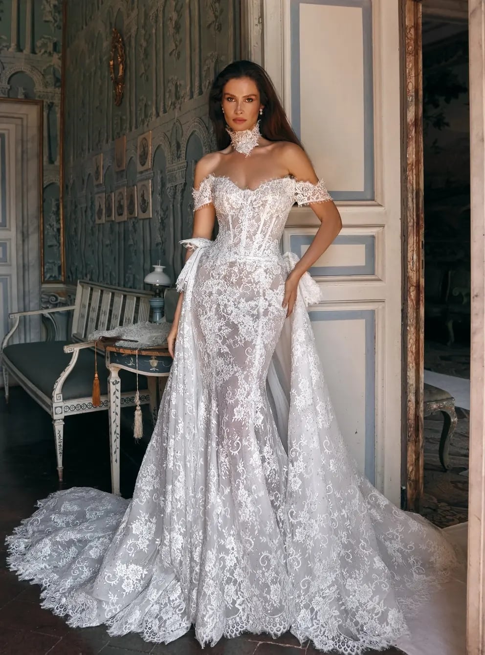 White off-the-shoulder lace mermaid gown with detachable skirt White off-the-shoulder lace mermaid gown with detachable skirt — Wedding Dress