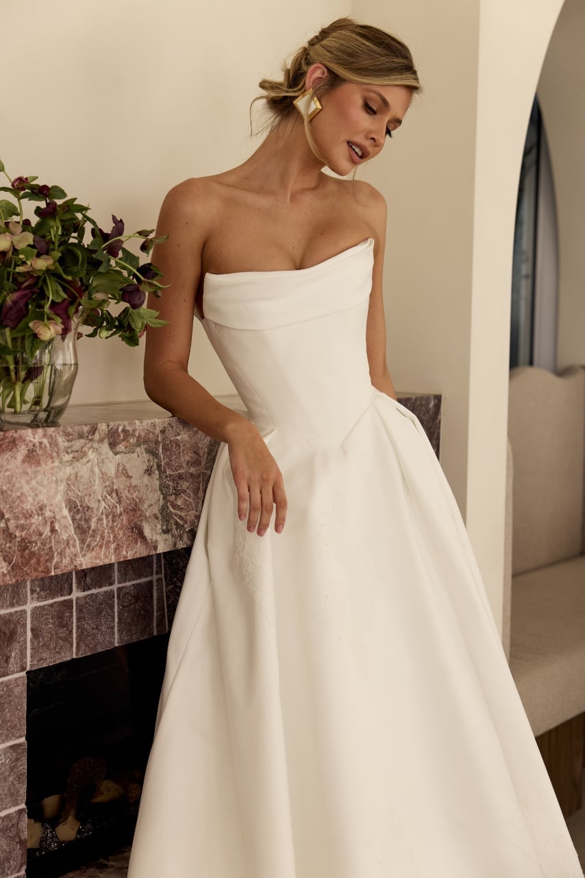 White satin ballgown with sculptural bodice White satin ballgown with sculptural bodice — Wedding Dress