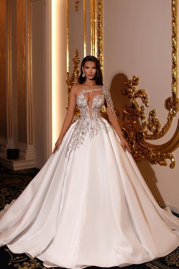 White satin one-shoulder ballgown with silver beading White satin one-shoulder ballgown with silver beading — Wedding Dress