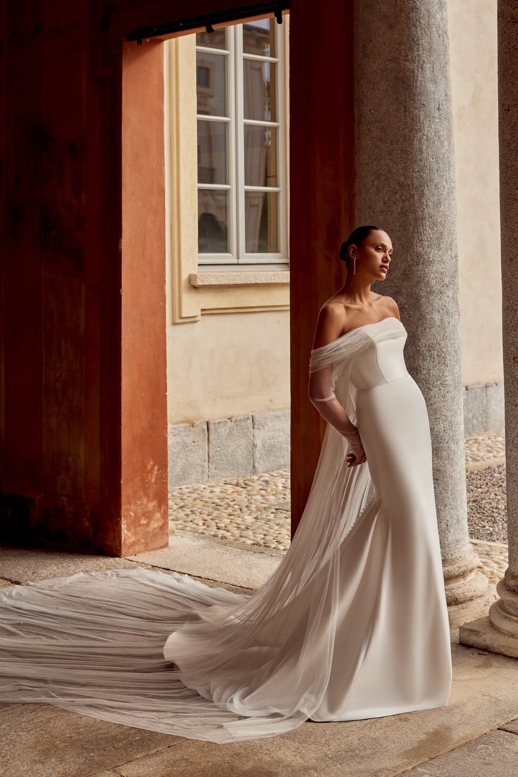 Ivory satin sheath dress with dramatic sheer cape Ivory satin sheath dress with dramatic sheer cape — Wedding Dress