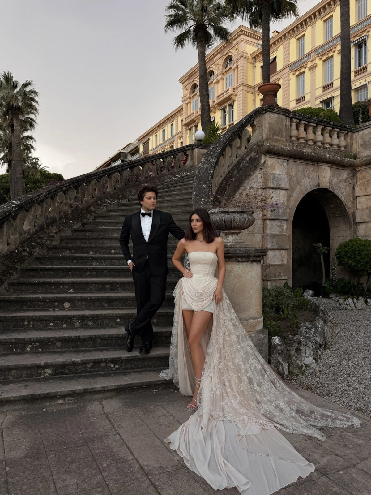 Ivory strapless mini dress with dramatic lace train Ivory strapless mini dress with dramatic lace train — Wedding Dress