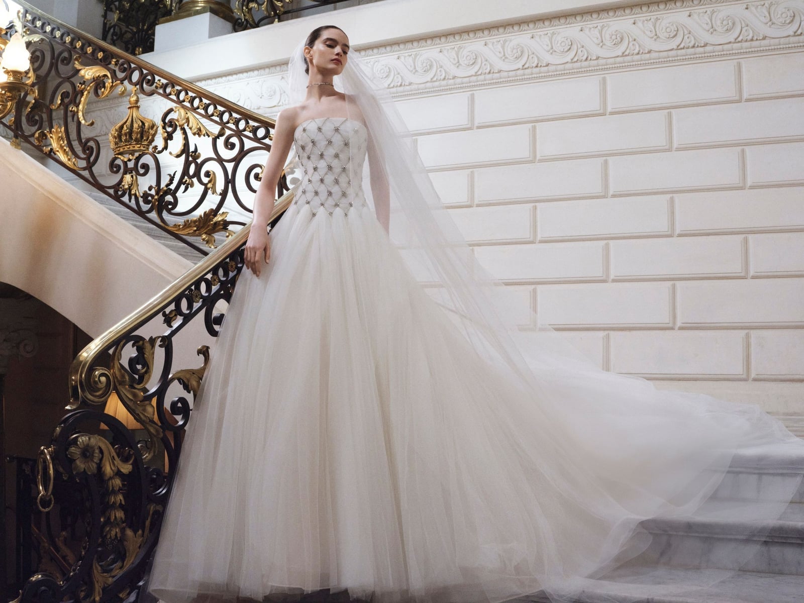 White strapless ballgown with embellished bodice and train White strapless ballgown with embellished bodice and train — Wedding Dress