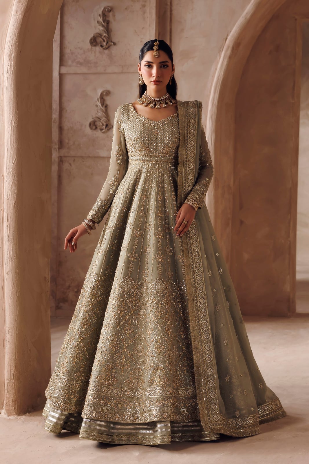 Sage green embellished anarkali gown with dupatta Sage green embellished anarkali gown with dupatta — Wedding Dress