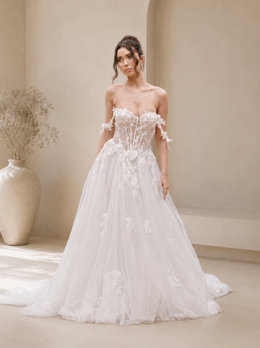 Ivory off-the-shoulder corset ballgown with floral appliques Ivory off-the-shoulder corset ballgown with floral appliques — Wedding Dress