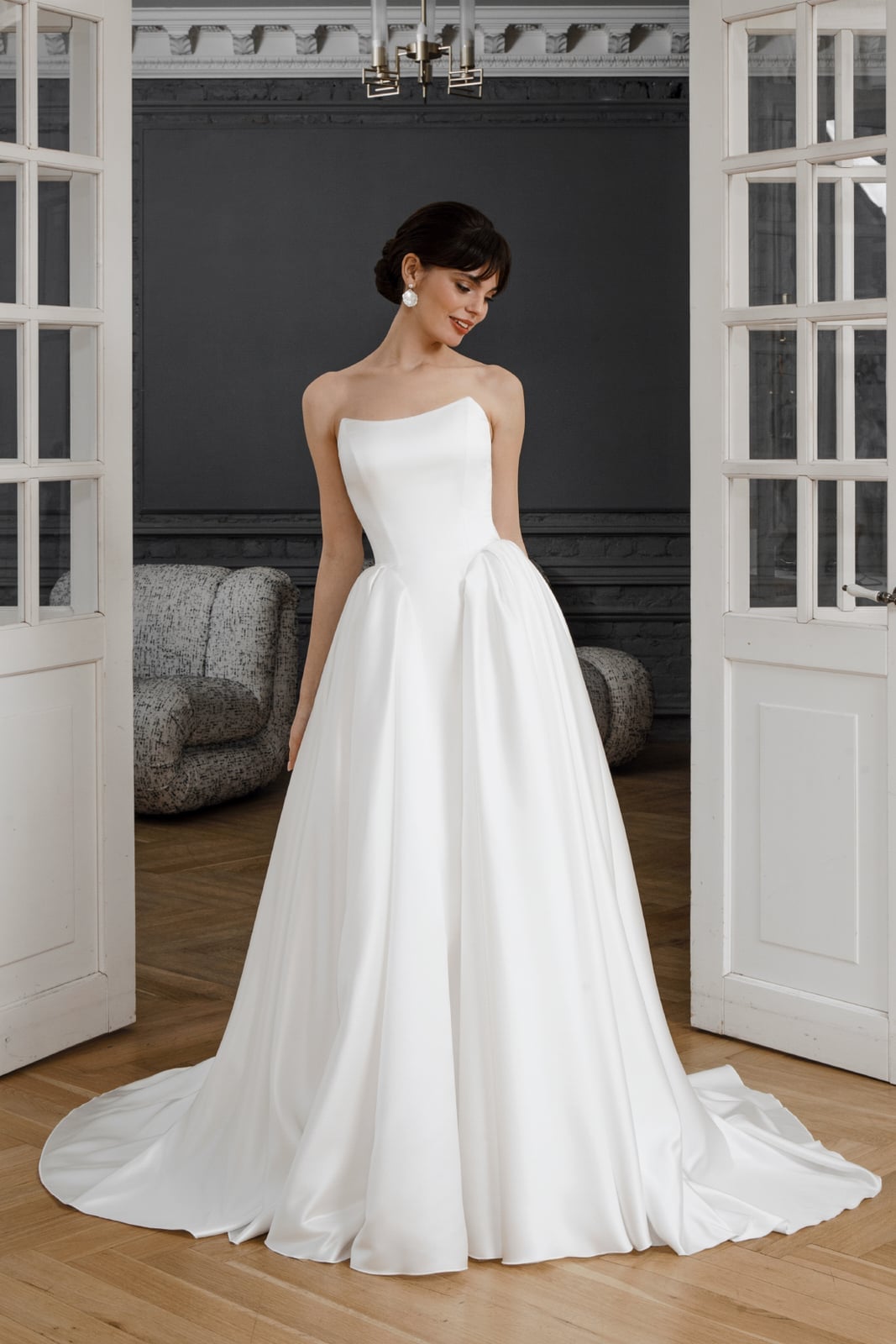 White satin strapless ballgown with sculptural neckline White satin strapless ballgown with sculptural neckline — Wedding Dress