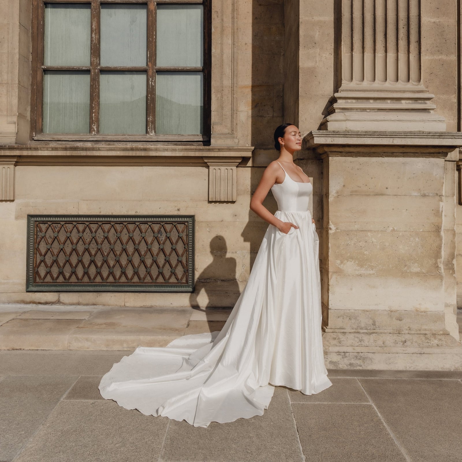 Ivory satin A-line dress with square neckline Ivory satin A-line dress with square neckline — Wedding Dress