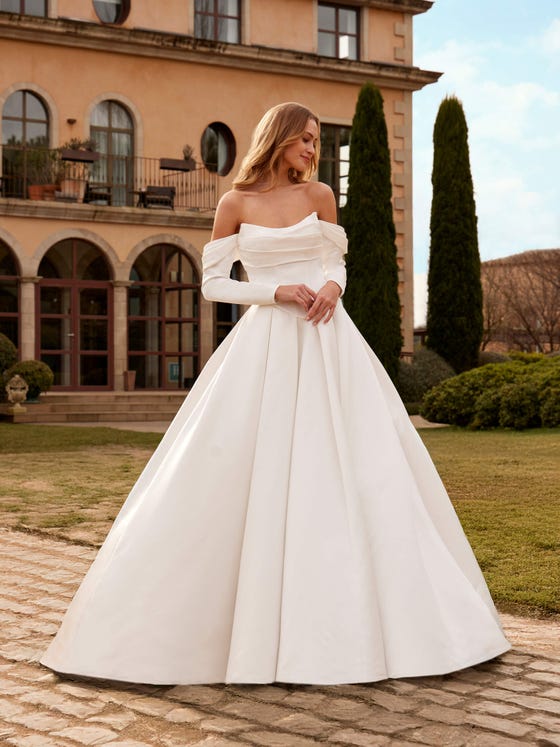 Ivory satin ballgown with off-shoulder long sleeves Ivory satin ballgown with off-shoulder long sleeves — Wedding Dress