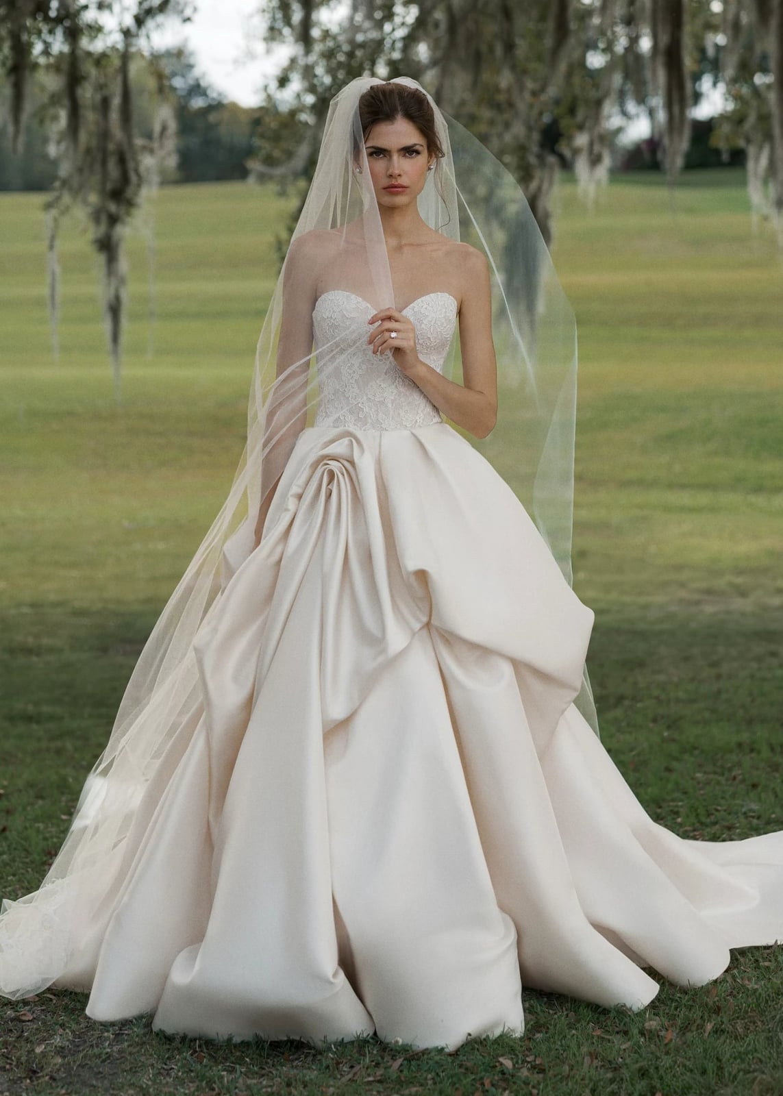 Ivory satin ballgown with strapless bodice and draped skirt Ivory satin ballgown with strapless bodice and draped skirt — Wedding Dress