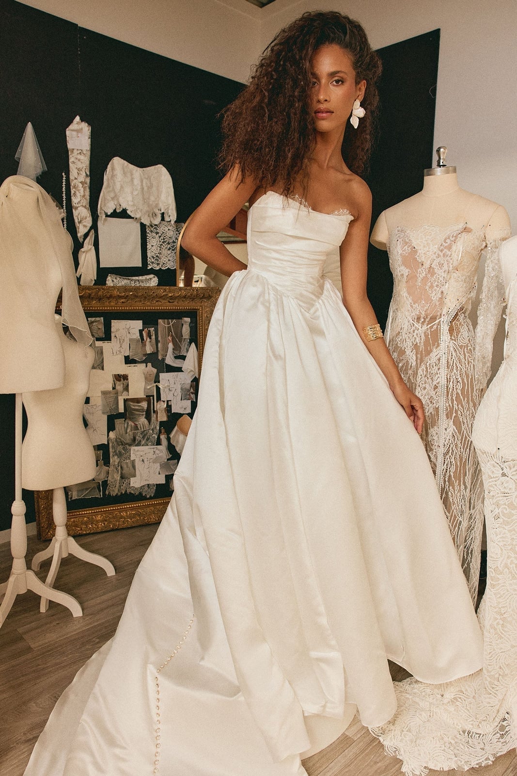 Ivory satin ballgown with draped bodice, Gold, Office-Safe Version Ivory satin ballgown with draped bodice, Gold, Office-Safe Version — Wedding Dress
