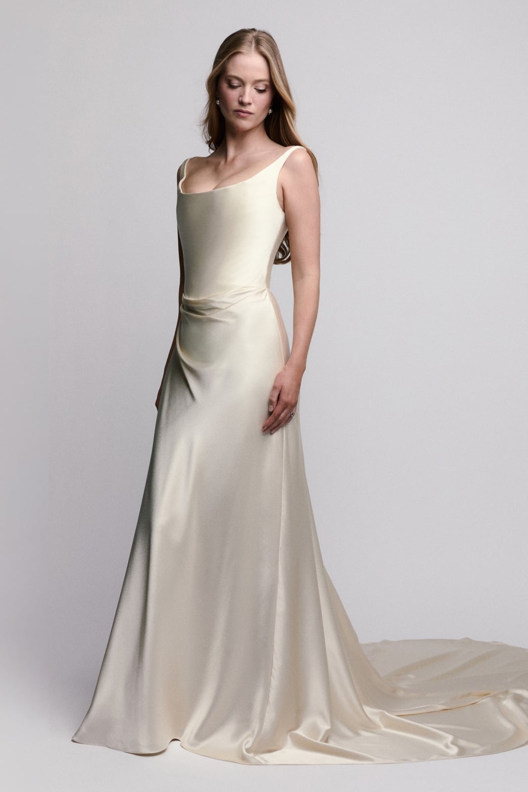 Ivory satin A-line dress with pockets, Tank Straps Ivory satin A-line dress with pockets, Tank Straps — Wedding Dress