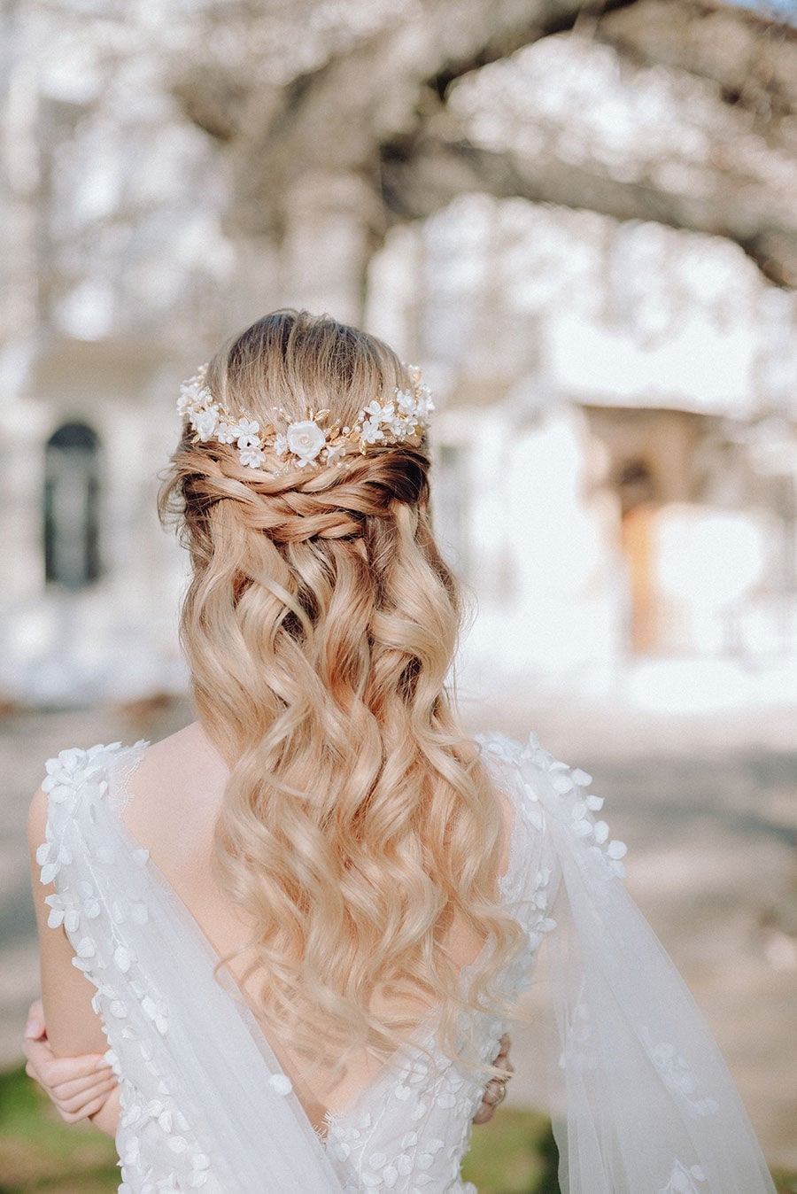 Braids And Curls Updo With Floral Headpiece Braids And Curls Updo With Floral Headpiece — Wedding Hair