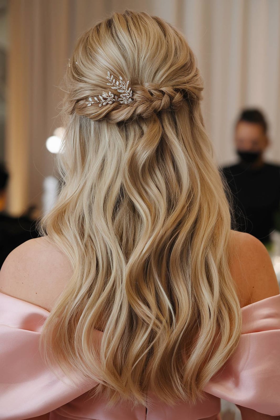 Half-Up With Braided Detail And Leaf Hairpins Half-Up With Braided Detail And Leaf Hairpins — Wedding Hair