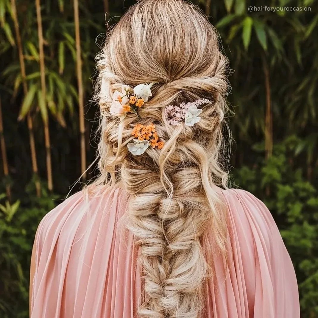 Intricate Braid With Loose Waves And Flowers Intricate Braid With Loose Waves And Flowers — Wedding Hair