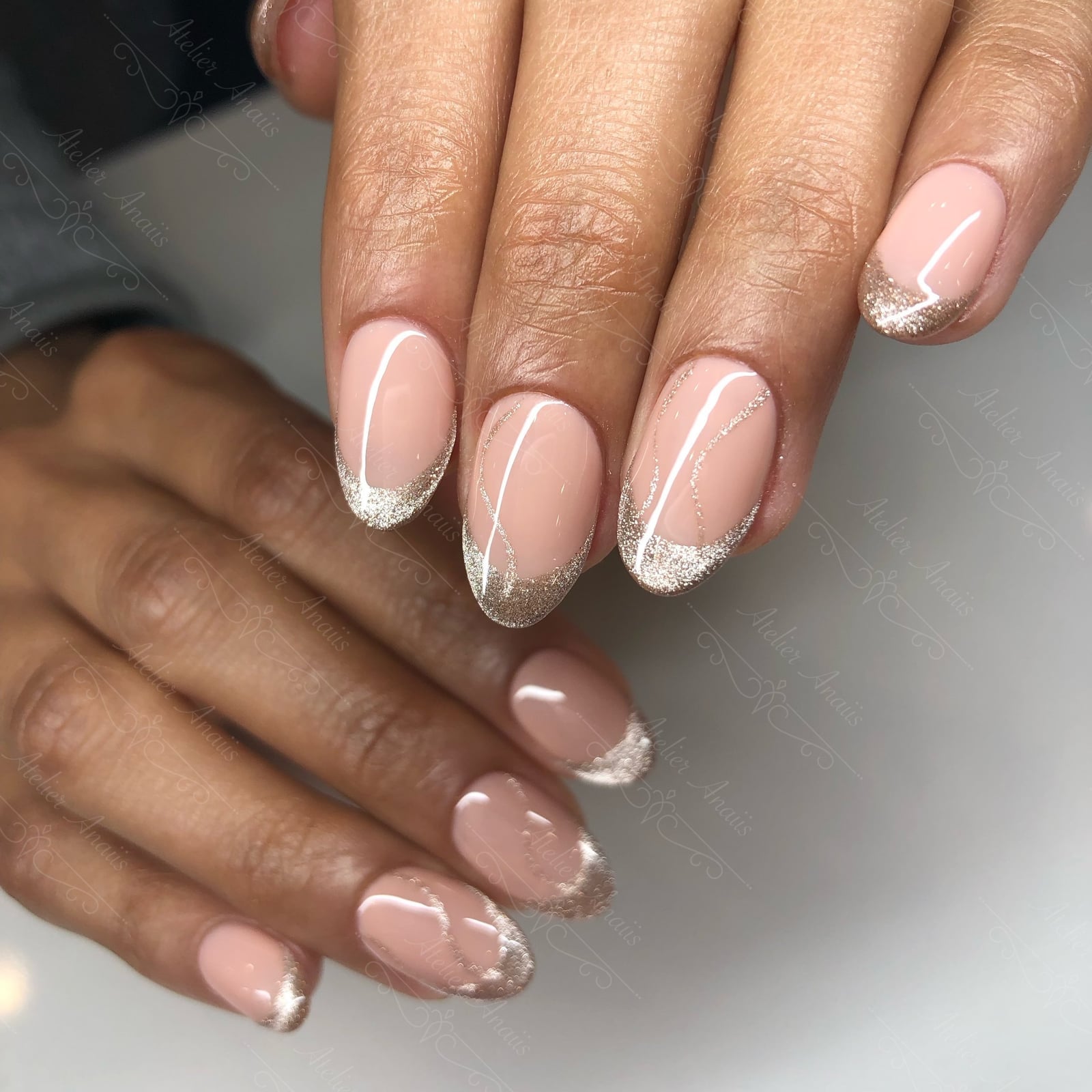 Rose Nude Almond Nails with Glitter French and Silver Lines Rose Nude Almond Nails with Glitter French and Silver Lines — Wedding Nails for Bride