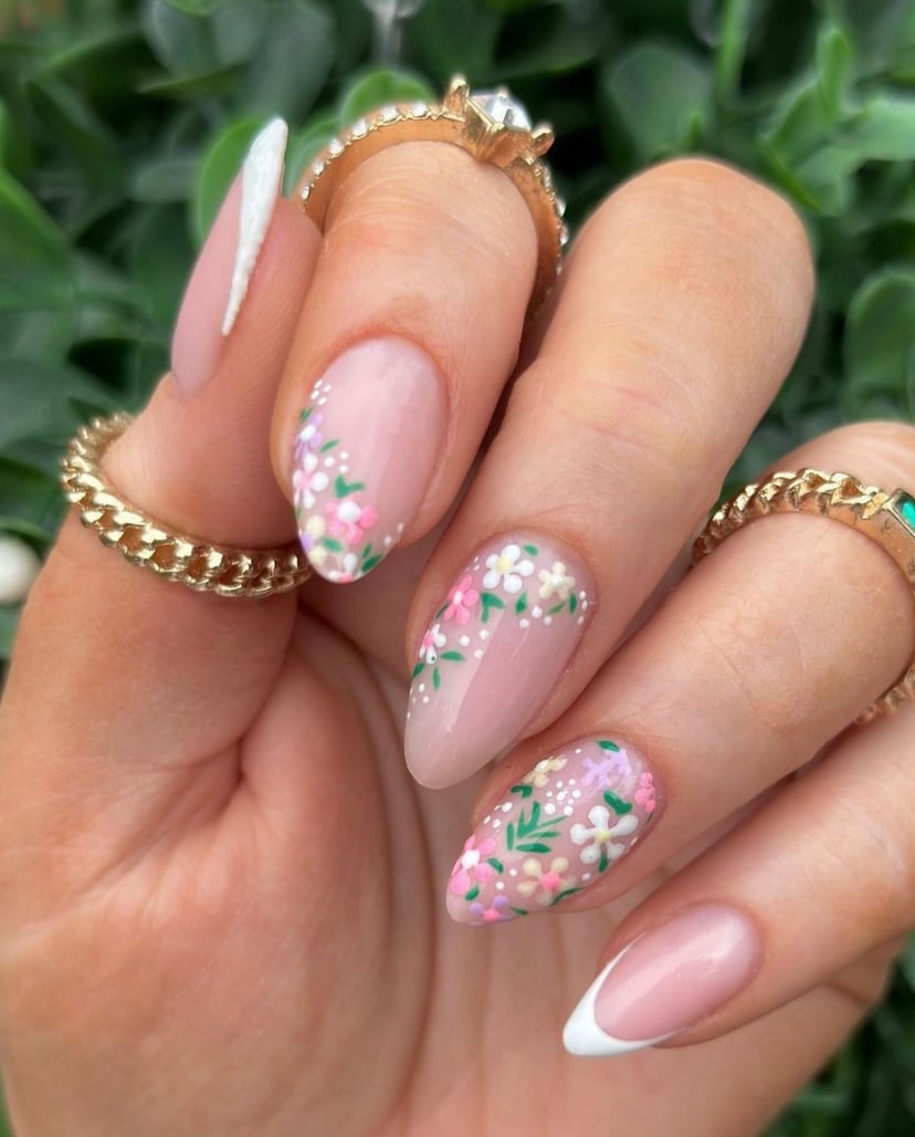 Nude Almond Nails with Floral Accents and French Tips Nude Almond Nails with Floral Accents and French Tips — Wedding Nails for Bride