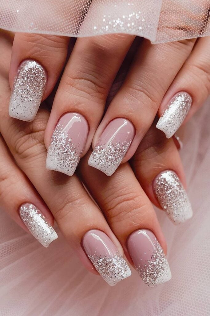 Glitter French Square Nails with Nude Base Glitter French Square Nails with Nude Base — Wedding Nails for Bride