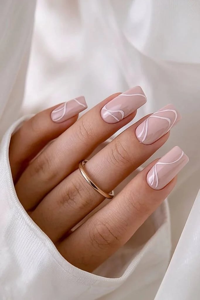 Long Square Neutral Pink Nails with White Swirls Long Square Neutral Pink Nails with White Swirls — Wedding Nails for Bride