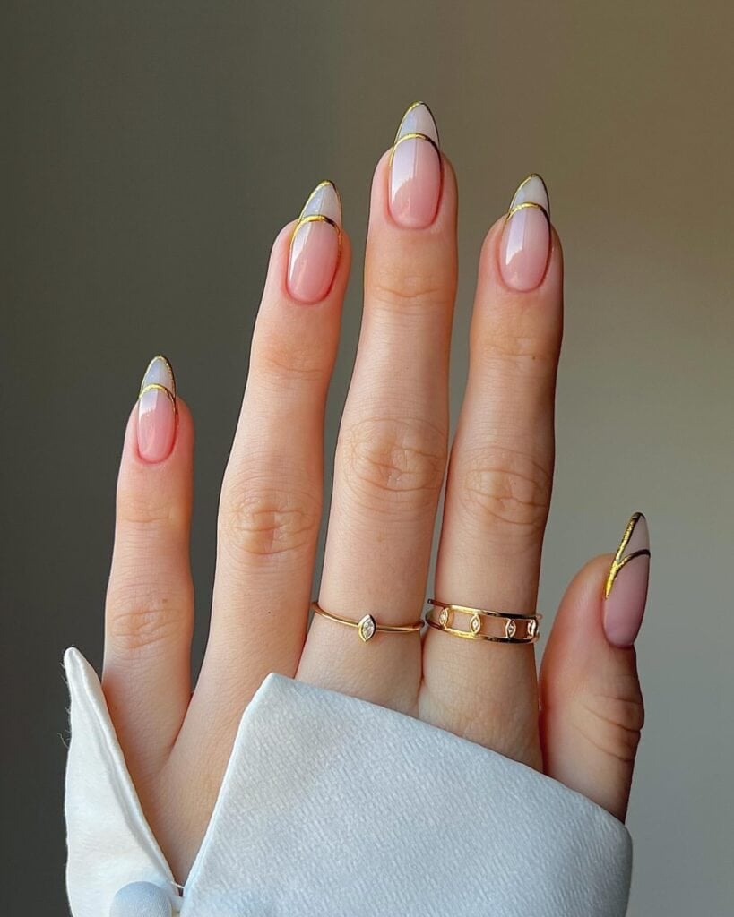 Long Oval Nude Nails with Gold Outline Accents Long Oval Nude Nails with Gold Outline Accents — Wedding Nails for Bride