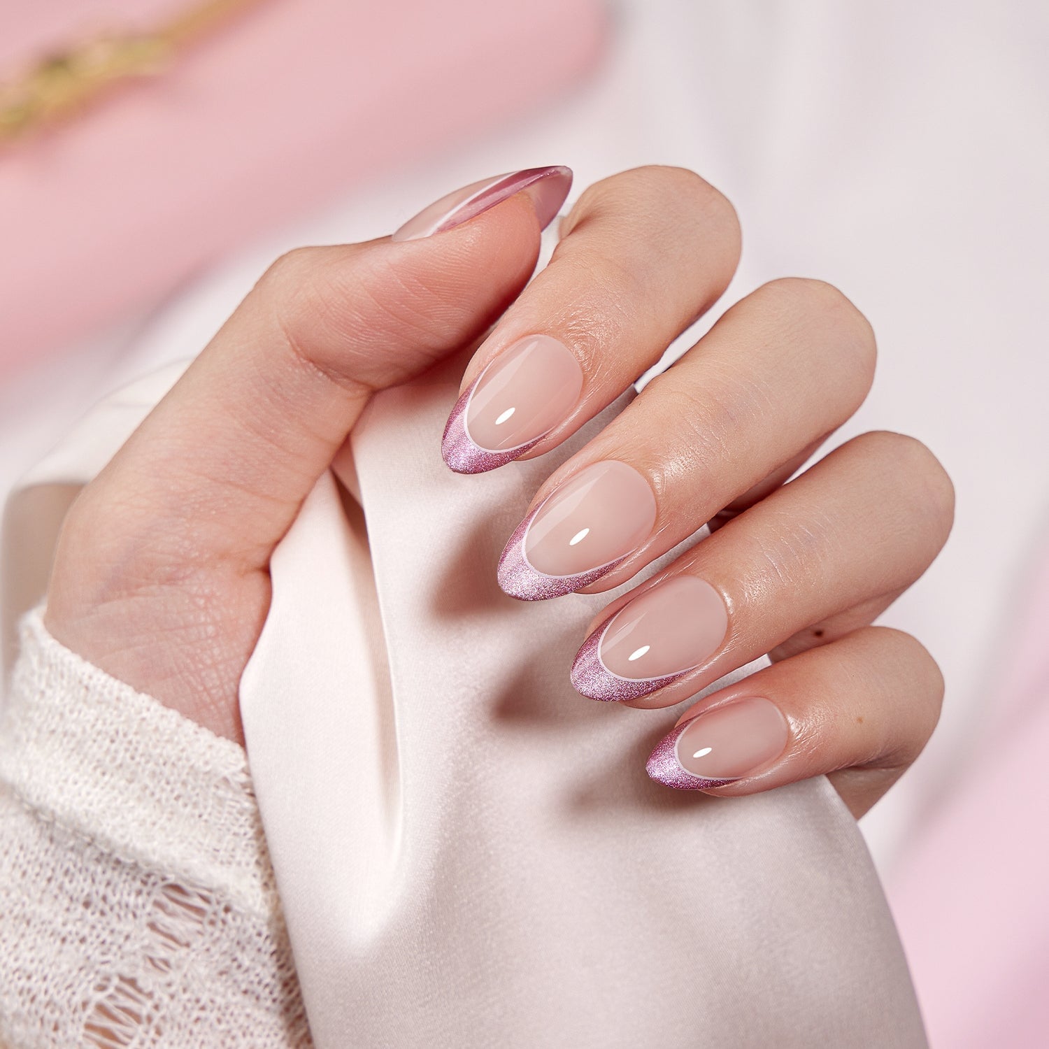 Medium Oval Nails with Metallic Pink French Tips Medium Oval Nails with Metallic Pink French Tips — Wedding Nails for Bride