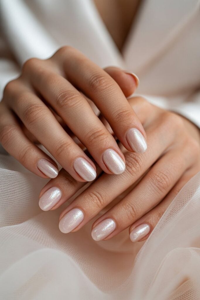 Short Oval Pearlescent Pink Shimmer Nails Short Oval Pearlescent Pink Shimmer Nails — Wedding Nails for Bride